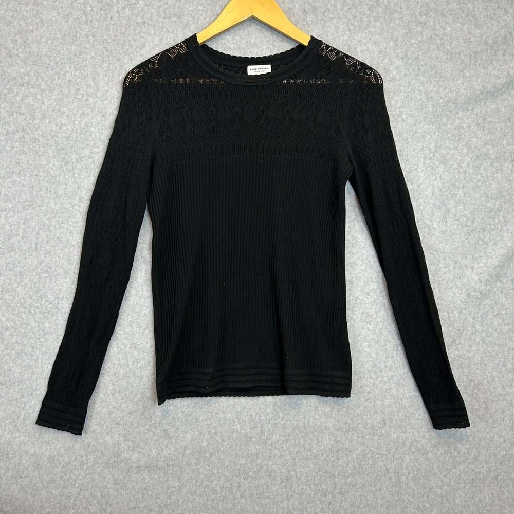 Club Monaco Knit Sweater Black Pointelle Ribbed Italian Yarn Top Womens Small